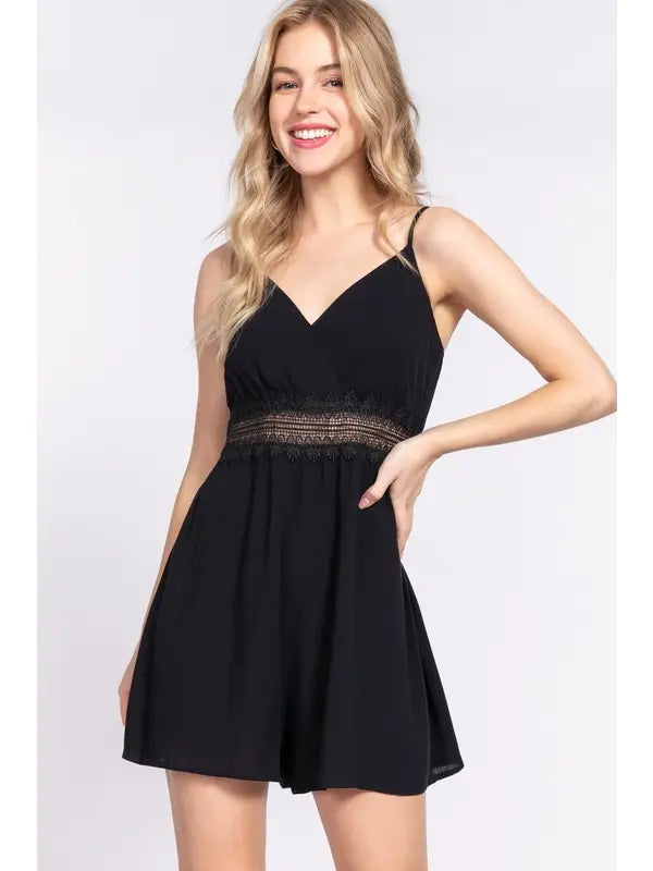 Black Lace Trim Waist Dress