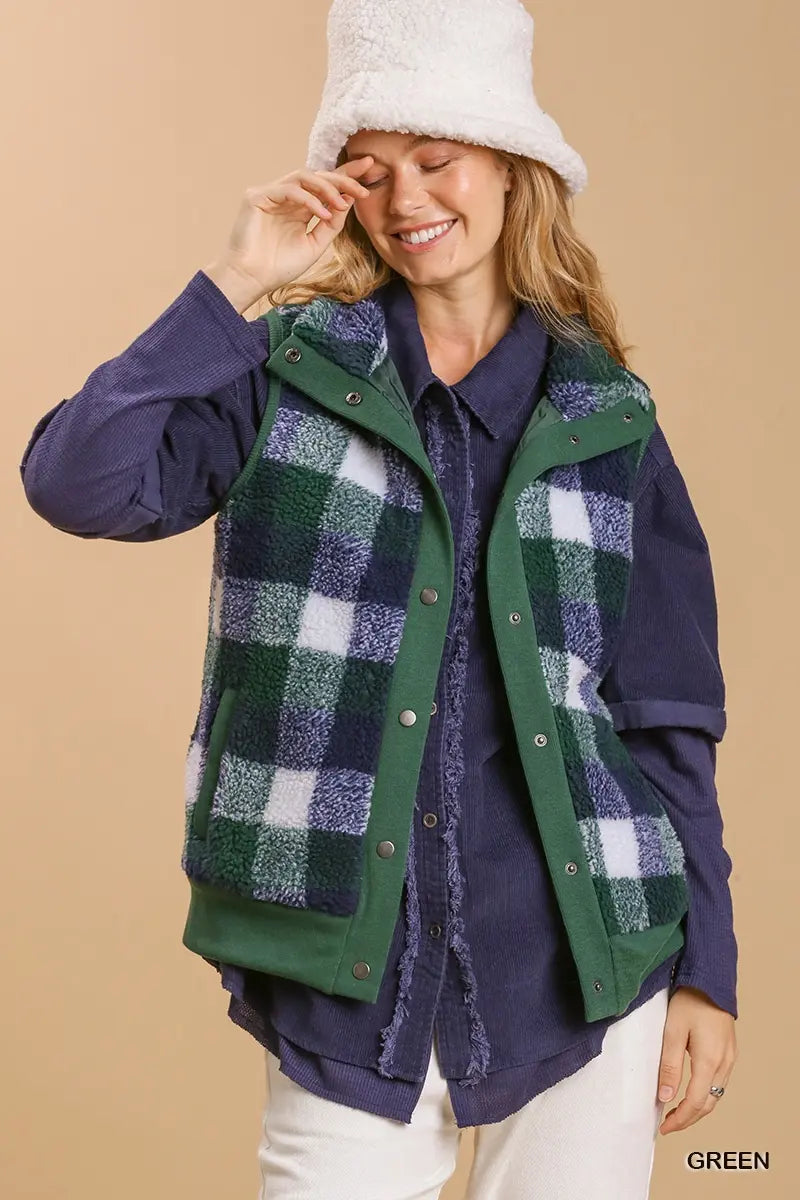 Faux Fur Plaid Button Up Vest