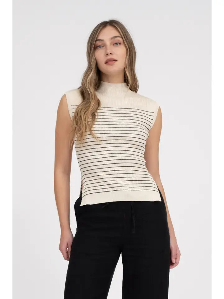 Oatmeal Mock Neck Sleeveless Sweater