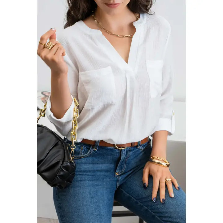 White Split Neck Top