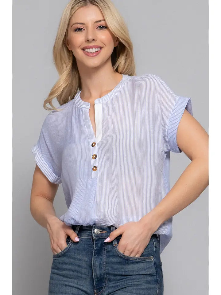 Blue Split Neck Stripe Top