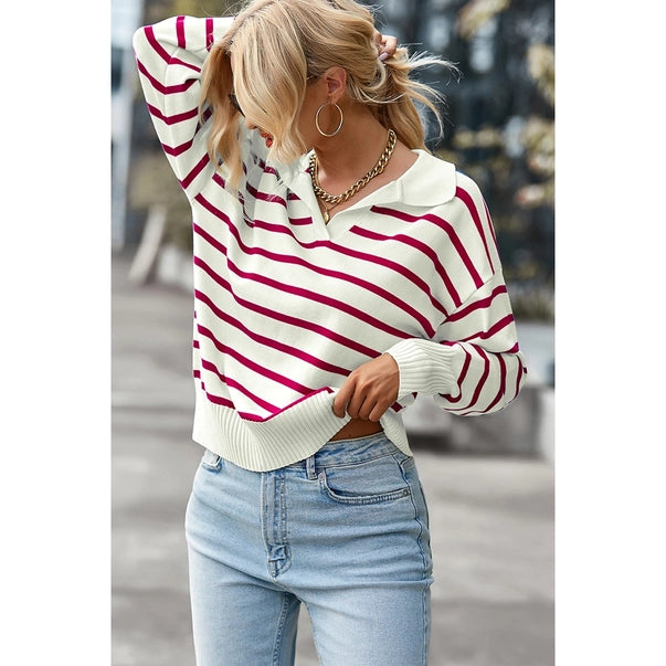Striped Wine V-Neck Long Sleeve