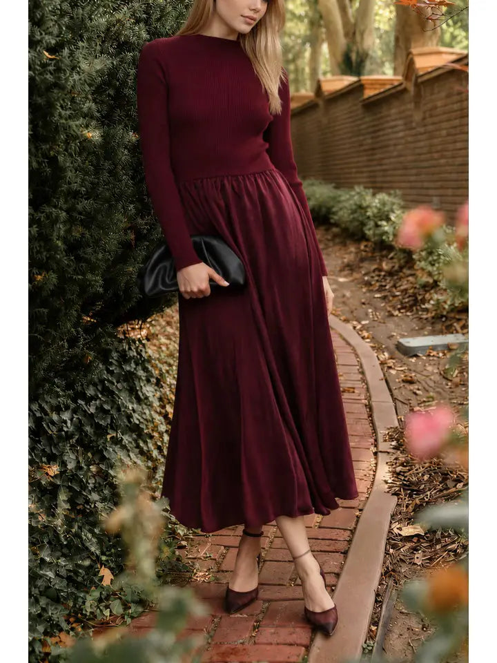 Ribbed Mock Neck Satin Twofer Dress