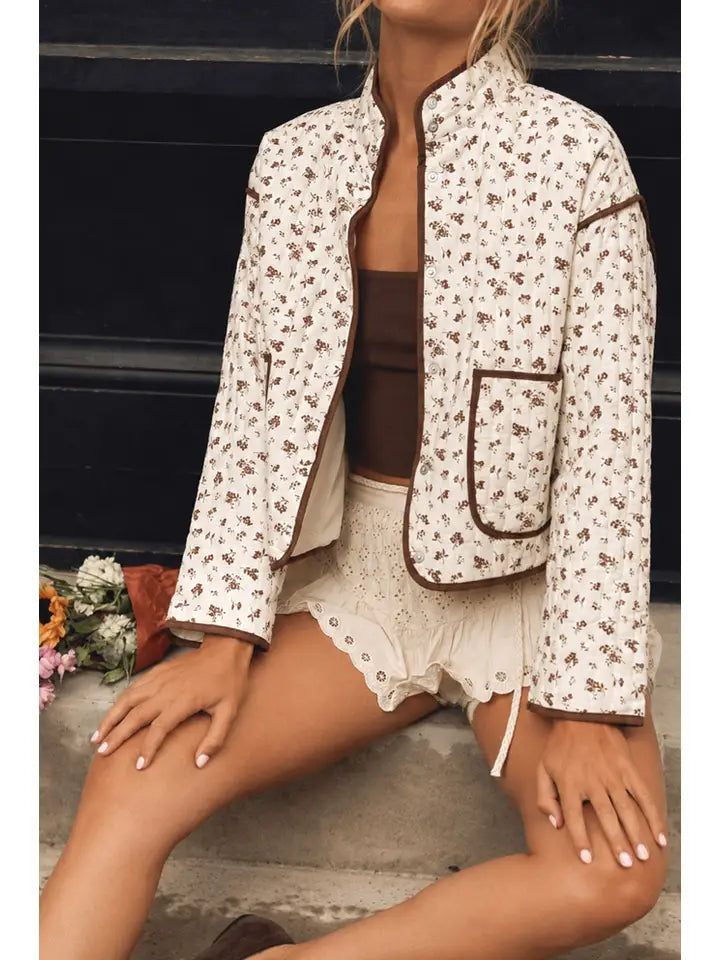 Floral Print Snap Button Quilted Jacket