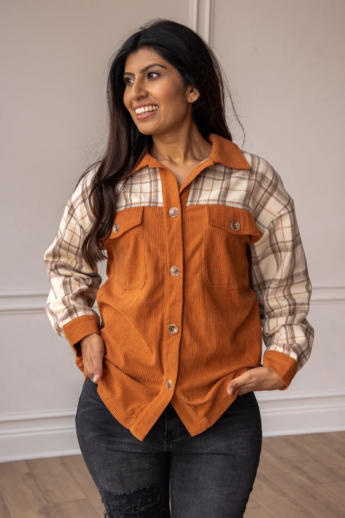 Cozy Calling Rust Plaid Button Down
