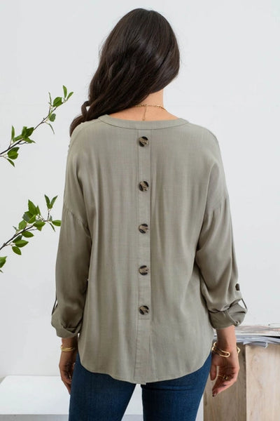 Olive Back Button Top