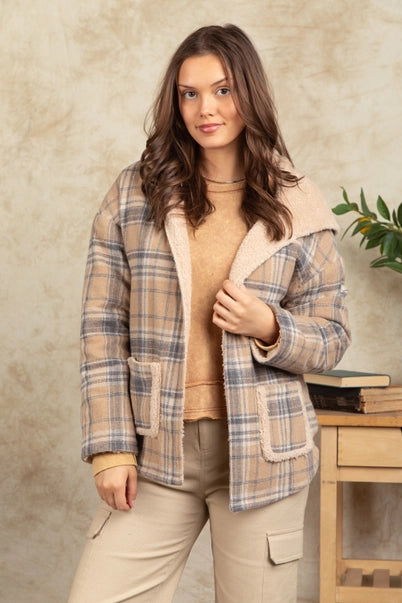 Flannel Plaid Hooded Fur Jacket