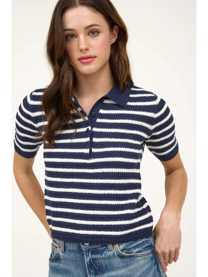 Navy Stripe Collared Short Sleeve Sweater