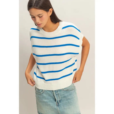 Blue Striped Crew Neck Knit Top