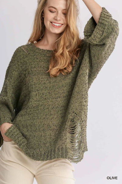 Olive Round Neck Distressed Sweater