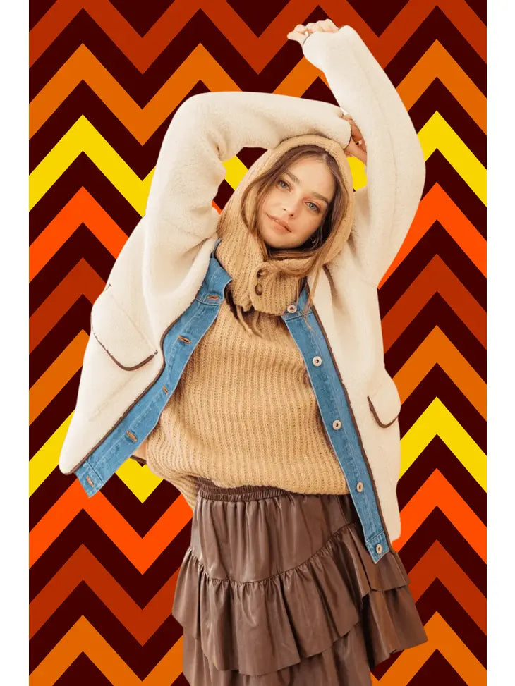 Soft Fleece and Denim Contrast Shacket Jacket
