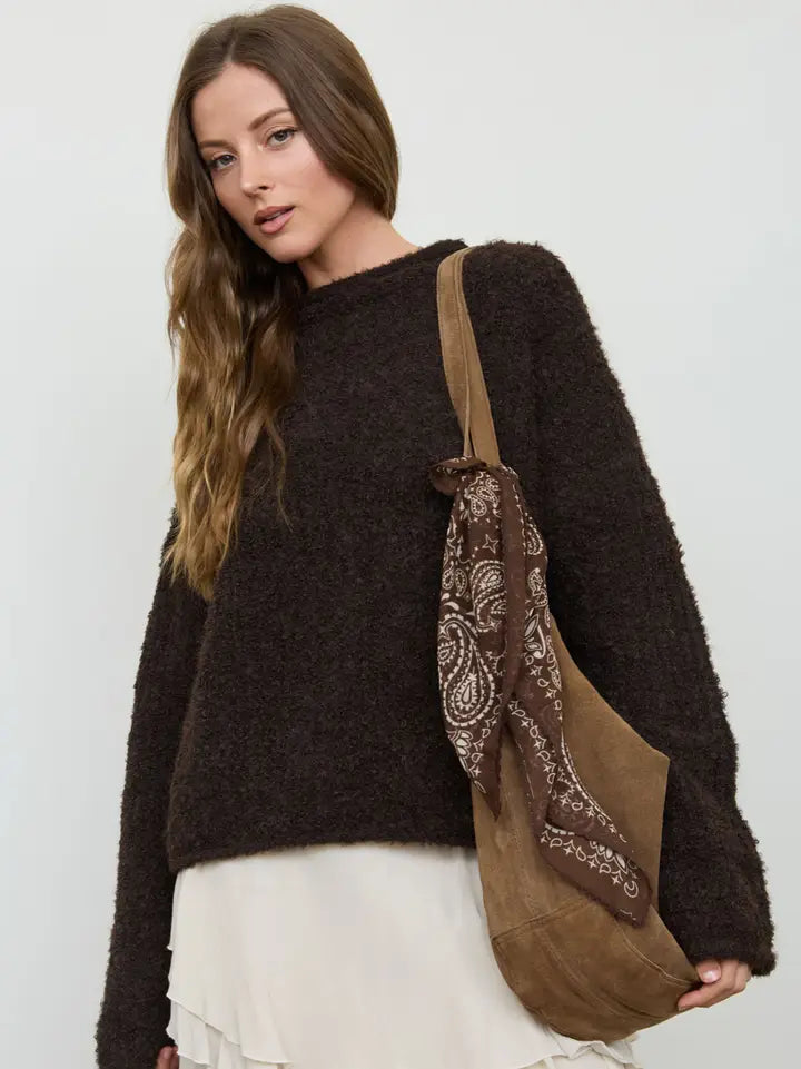 Fuzzy Knit Raw Mock Neck Sweater