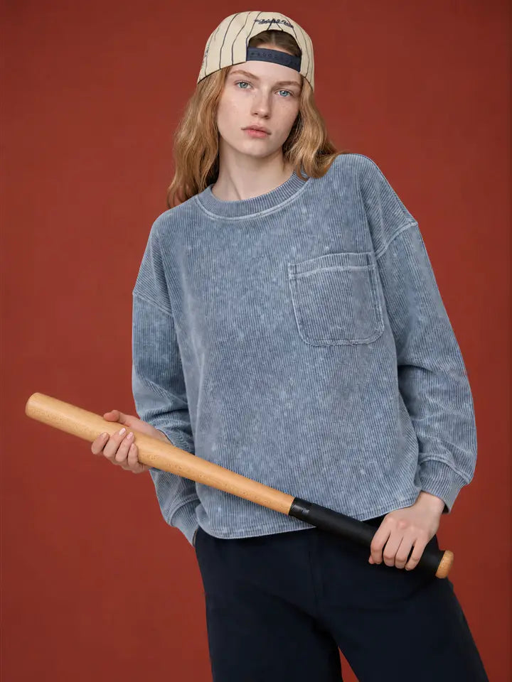 Washed Pocket Detail Ribbed Long Sleeve
