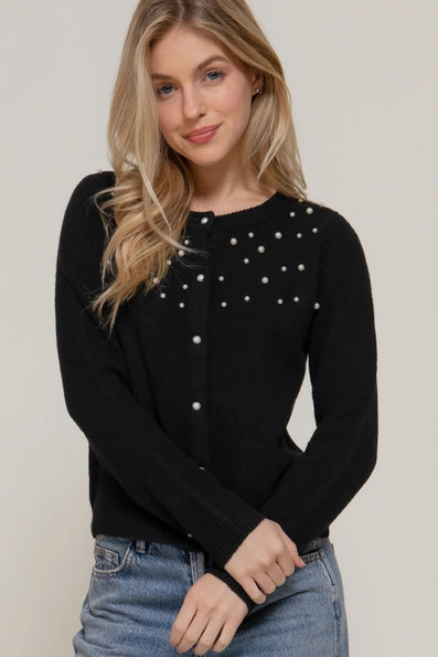Round Neck Pearl Embellished Cardigan
