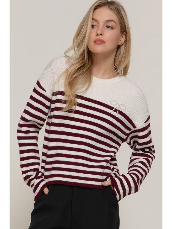 Pearl Bow Stripe Sweater