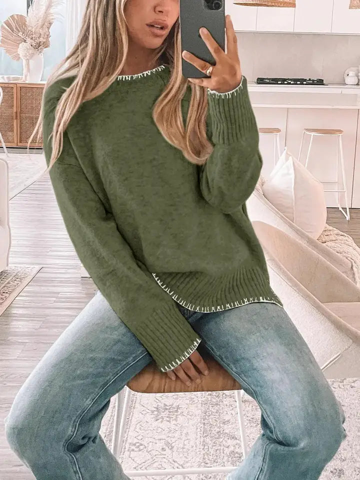 Green Knit Sweater with Contrast Trim