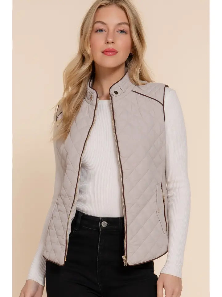 Suede Piping Detail Rib Quilt Vest