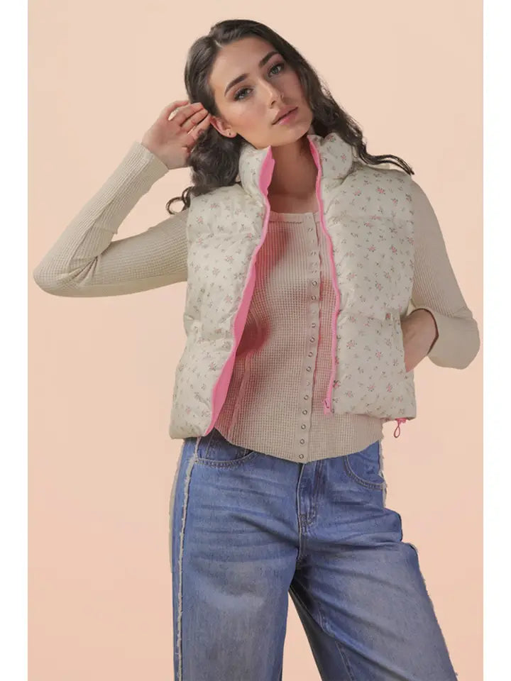Floral Print Cropped Puffer Vest