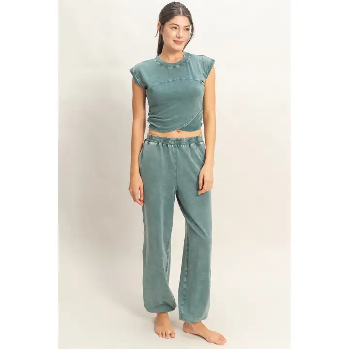 Teal Rolled Sleeve Wrap Front Crop Top/Jogger Set