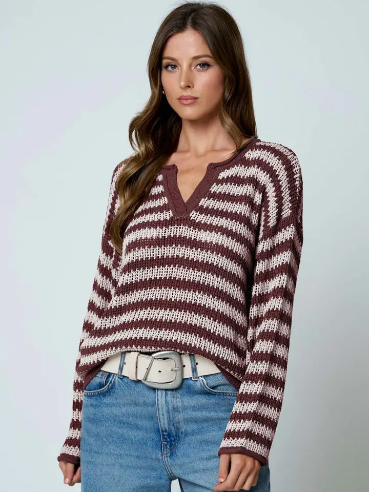 Stripe Raw Edge Split Neck Sweater