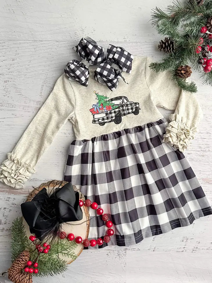 Christmas Tree Black Gingham Truck Dress