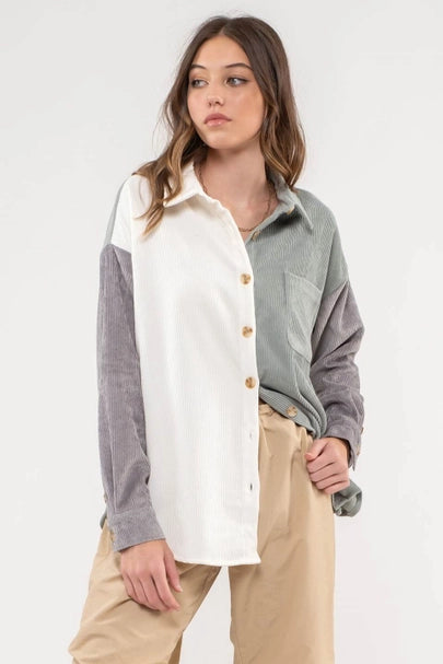 Sage Colorblock Corduroy Shacket