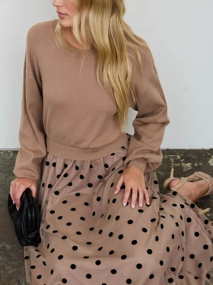 Crew Neck Long Sleeve Polka Dot Midi Dress