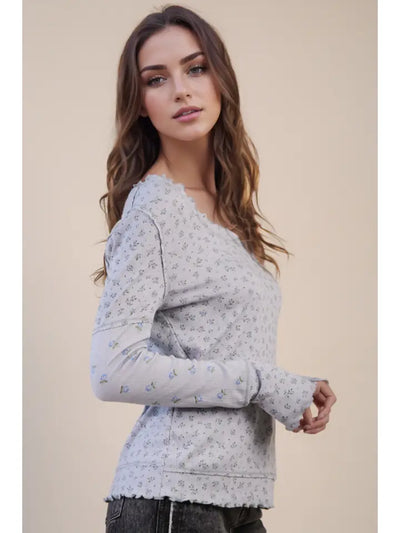 Gray Floral Lettuce Hem Top