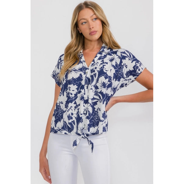 Blue Floral Tie Front Dolman
