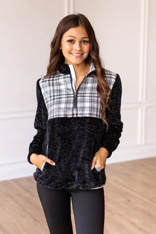 Black Gingham Sherpa Half Zip