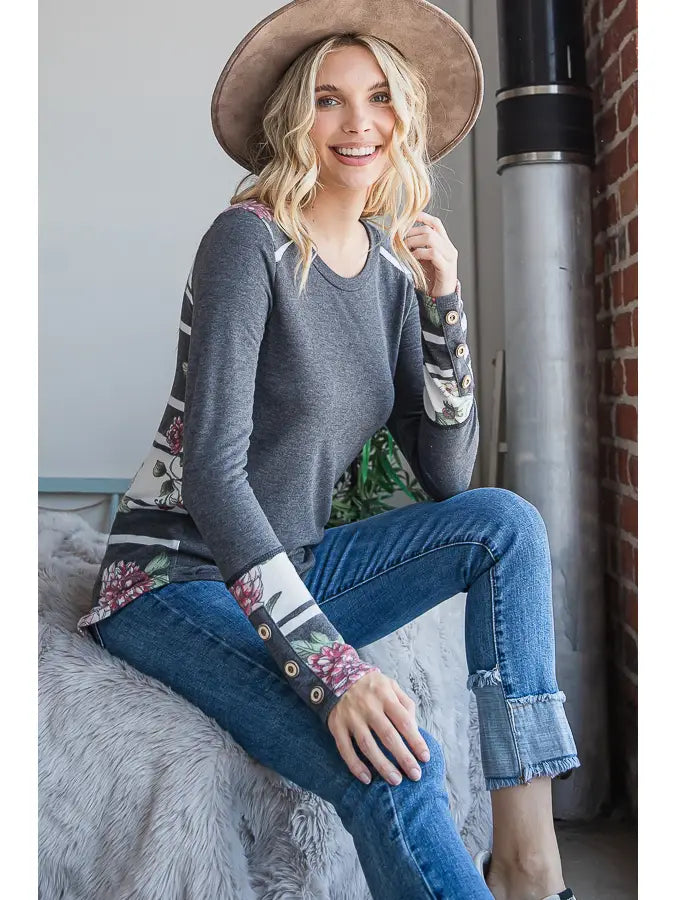 Vintage Floral Colorblock Top