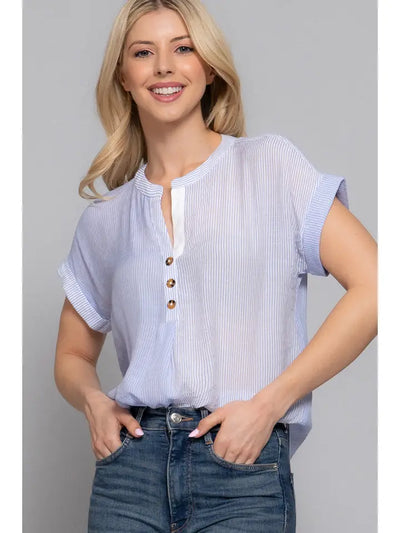 Blue Split Neck Stripe Top