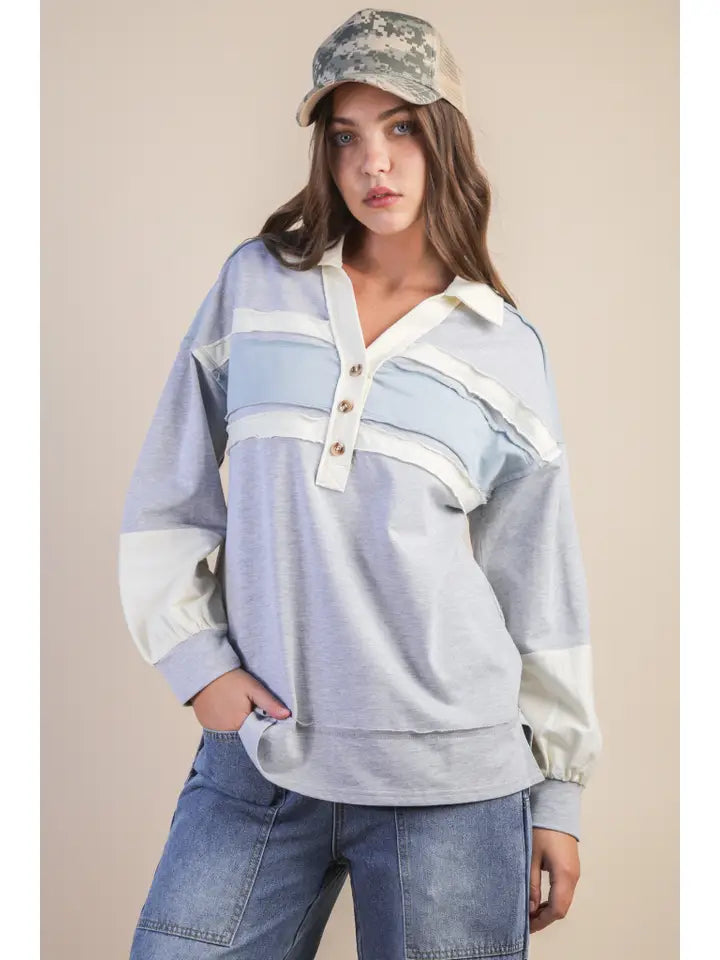 Collared Oversized Color Block Top
