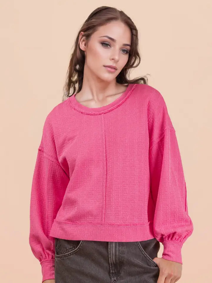 Raw Edge Detail Oversized Textured Knit Top