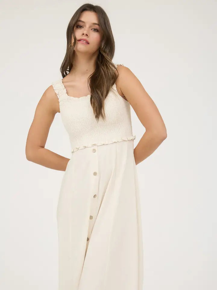 Smocked Sleeveless Button-Down Midi Dress