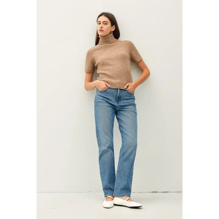 Ribbed Wool Blend Short Sleeve Sweater