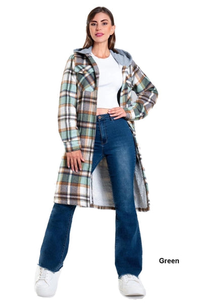 Super Long Green Flannel Shacket w/pockets