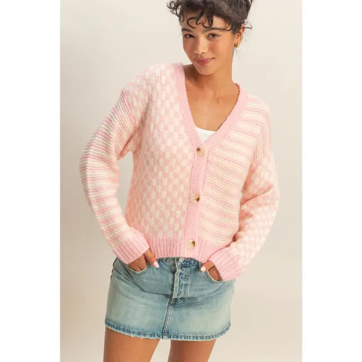 Pink and Cream Checker Cardigan Sweater