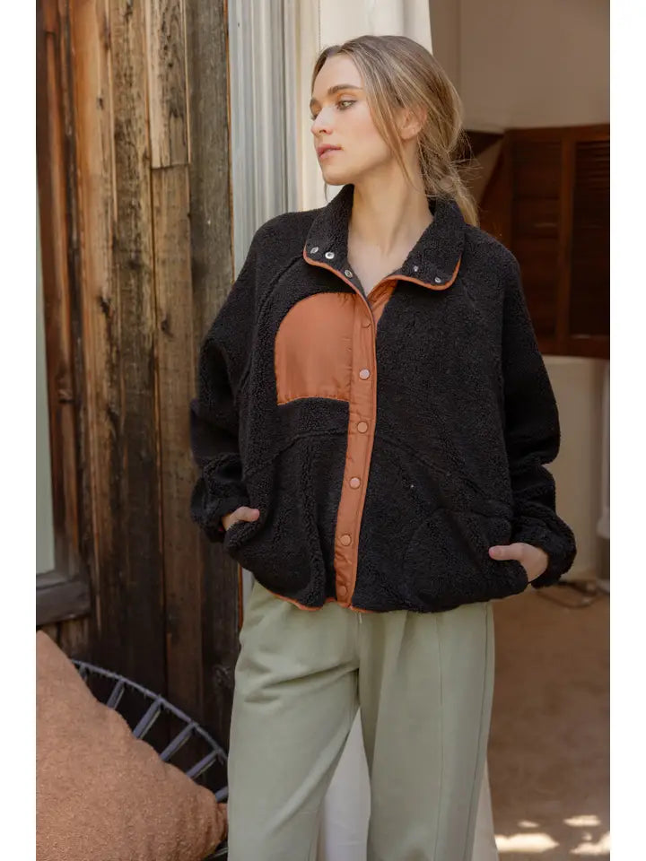 Color Block Snap Button Fleece Jacket