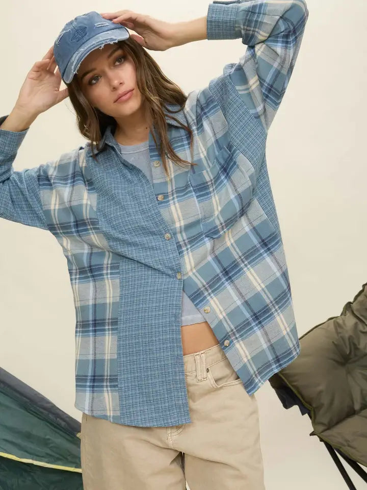 Color Block Plaid Button Down Shirt