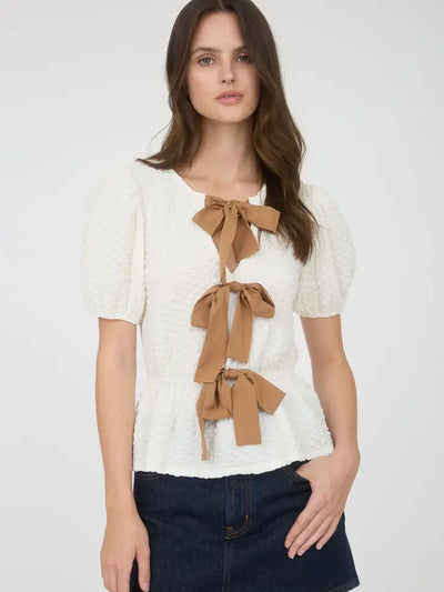 Front Bow Detail Short Sleeve Puffer Top