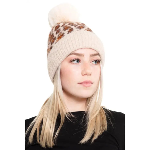 Leopard Pom Fuzzy Beanie