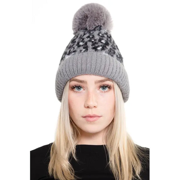 Leopard Pom Fuzzy Beanie