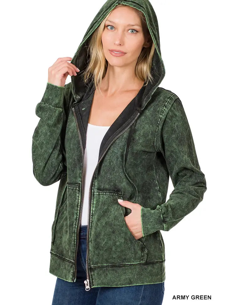 Army Green Mineral Wash Zip Up Hoodie