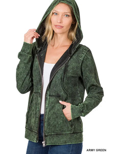 Army Green Mineral Wash Zip Up Hoodie