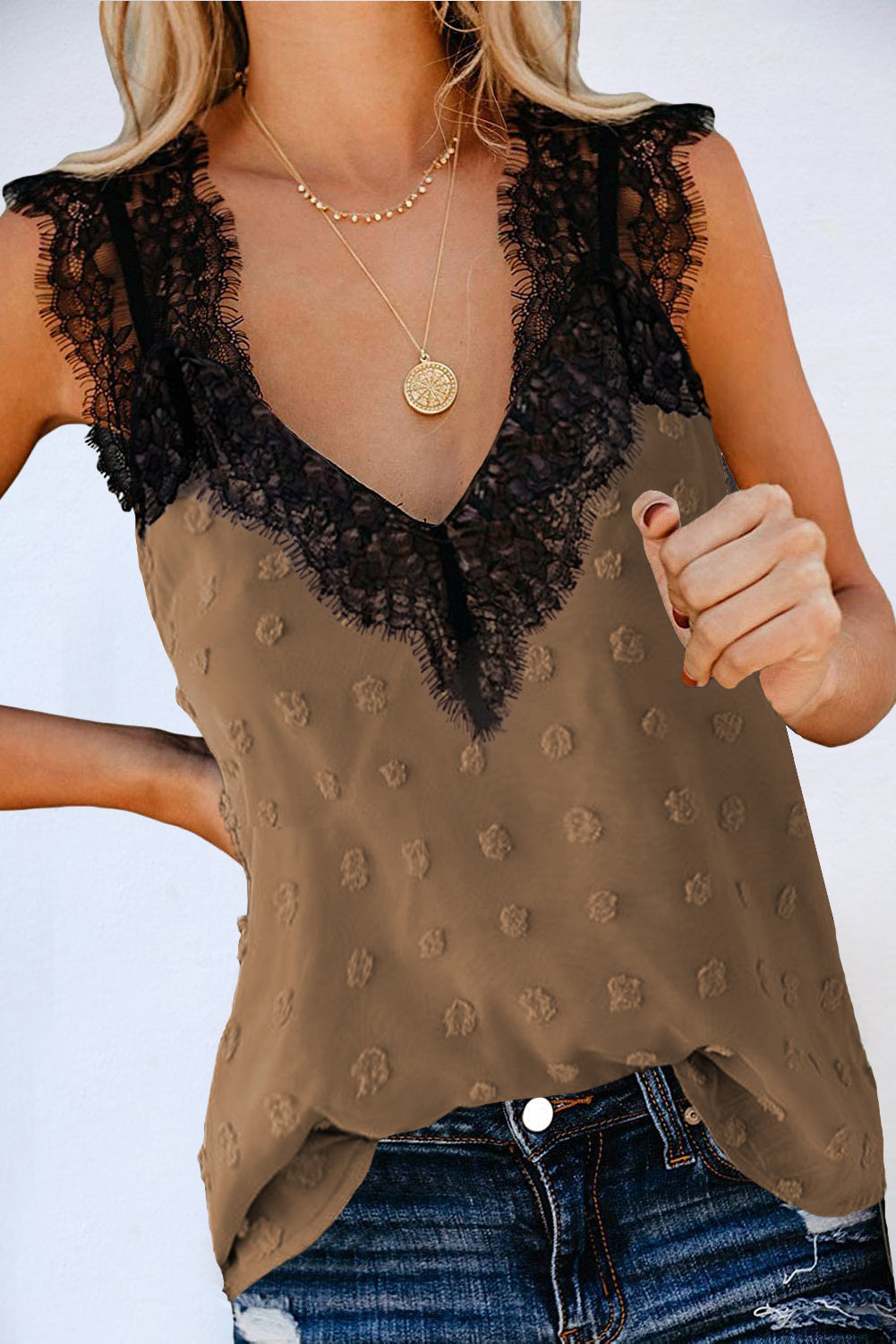 Plus Brown Lace Swiss Dot Top
