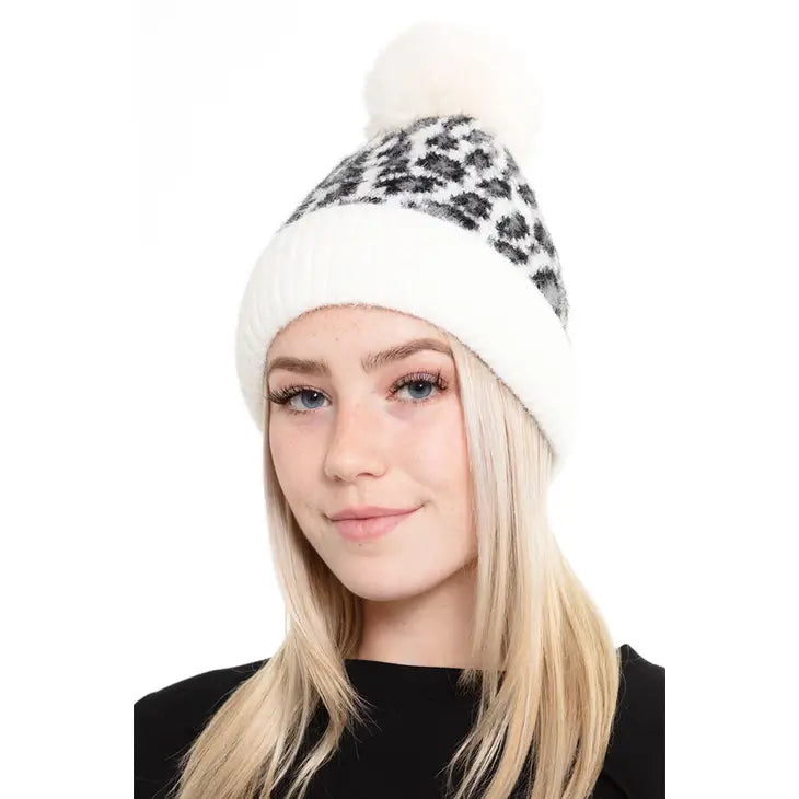 Leopard Pom Fuzzy Beanie